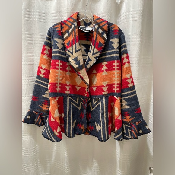 Rhonda Stark Sweaters - Rhonda Stark denim Zuni flounce wrap wool blend Aztec pattern